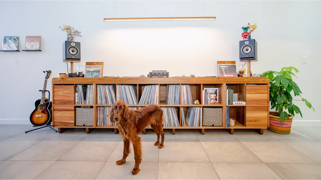 Kithe-Blackwood-timber-DeVinyl-dj-custom-console-sideboard-cabinet-with-dog